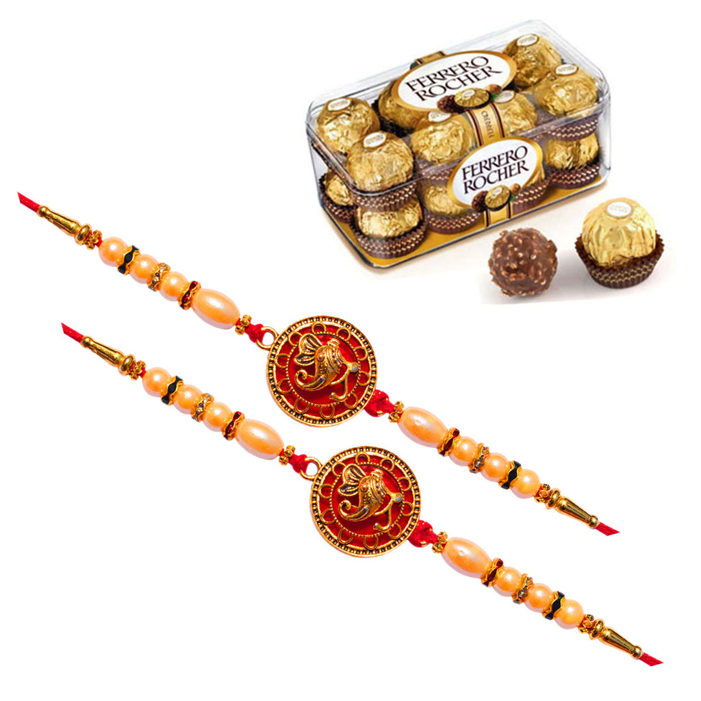 2 Rakhi - Ganesha Rakhis With Ferrero Rocher Chocolate Box