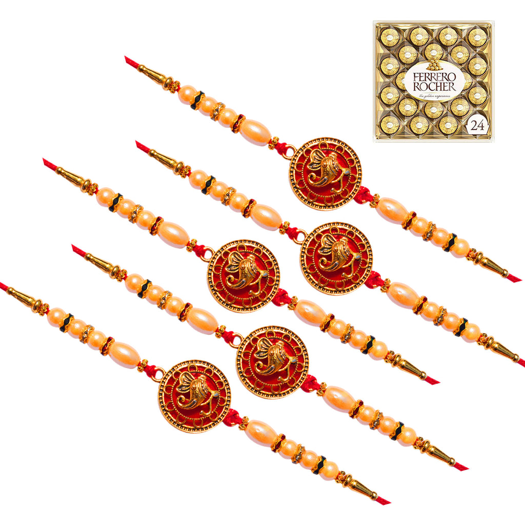 5 Rakhi - Ganesha Rakhi Set with Ferrero Rocher Chocolate Box