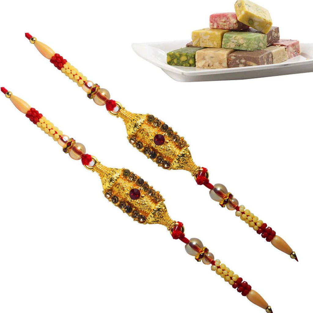 2 Rakhi - Golden Pearl Rakhi Set With Fresh Dryfruits Bite