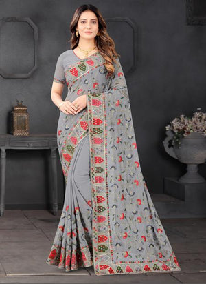 Grey Georgette Wedding Wear Resham Work Saree