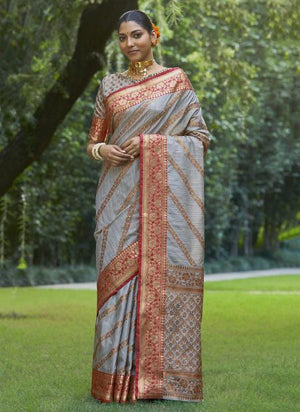 Grey Silk Party Wear Weaving Saree