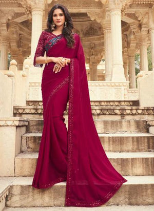 Maroon Fancy Silk Party Wear Embroidery Work Saree