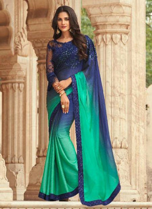 Navy Blue Fancy Silk Party Wear Embroidery Work Saree