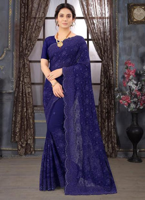 Navy Blue Georgette Wedding Wear Resham Work Saree