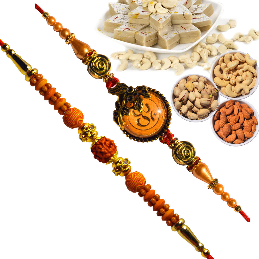 2 Rakhi - OM and Rudraksh Rakhis with Kaju Katli, and Dryfruit Combo Box