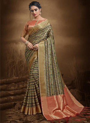 Olive Bhagalpuri Silk Wedding Wear Zari Work Saree