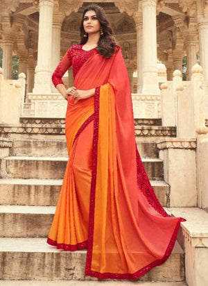 Orange Fancy Silk Party Wear Embroidery Work Saree