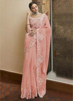 Peach Organza Party Wear Resham Work Saree