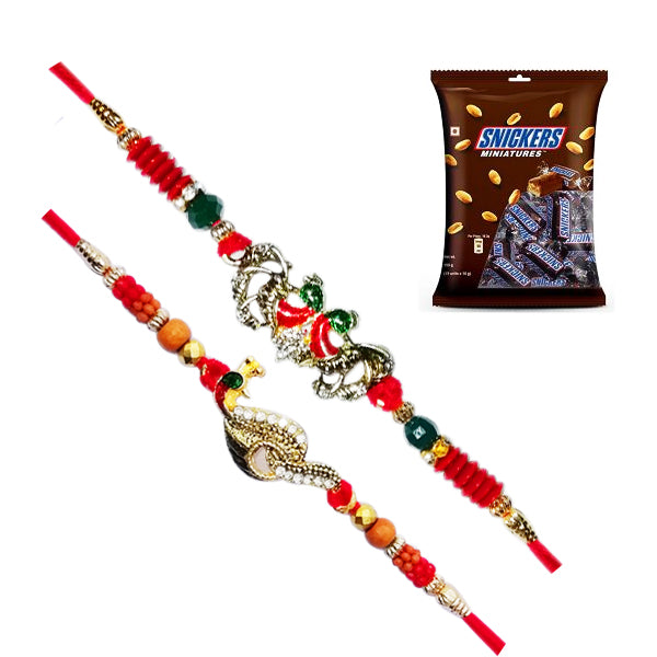 2 Rakhi - Beautiful Rakhi With Snickers Miniatures Pack