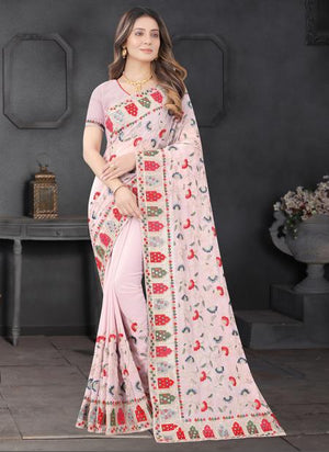 Pink Georgette Wedding Wear Resham Work Saree