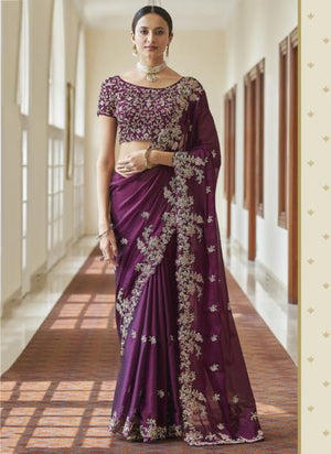 Purple Crepe Party Wear Cut Work Saree
