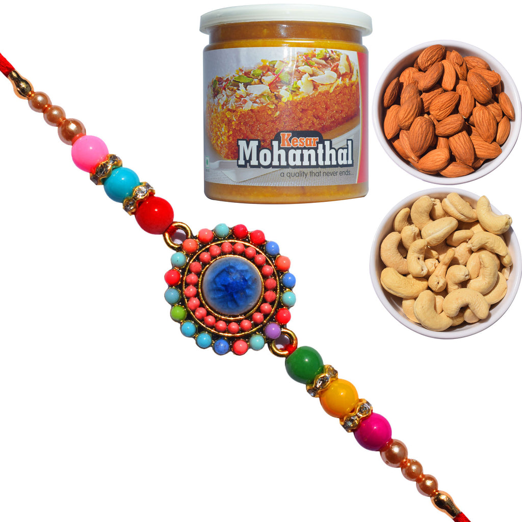 1 Rakhi - Colorful Round Stone Rakhi Gift Hamper