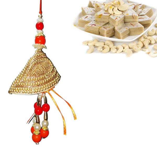 1 Rakhi - Red and Safroon Pearl Lumba Rakhi With Kaju Katli