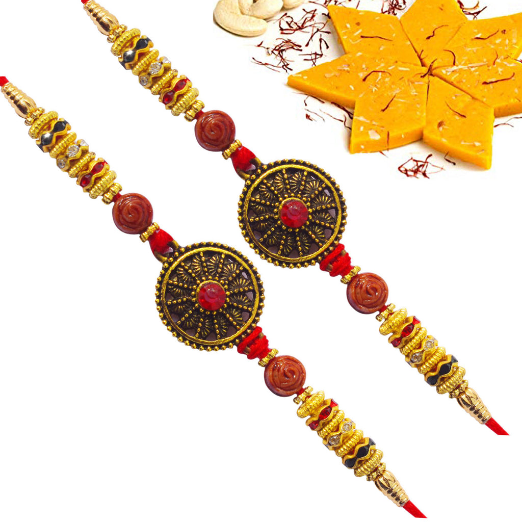 Round Pendant Set Of 2 Rakhi with Fresh Kesar Kaju Katli