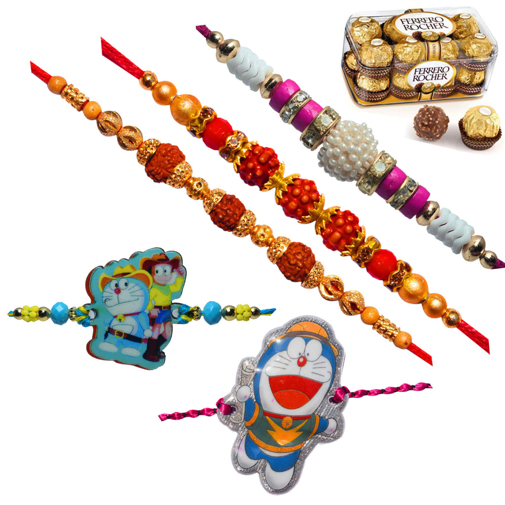 5 Rakhi - Rudraksh Pearls and Doraemon Rakhi With Ferrero Rocher Chocolate Box