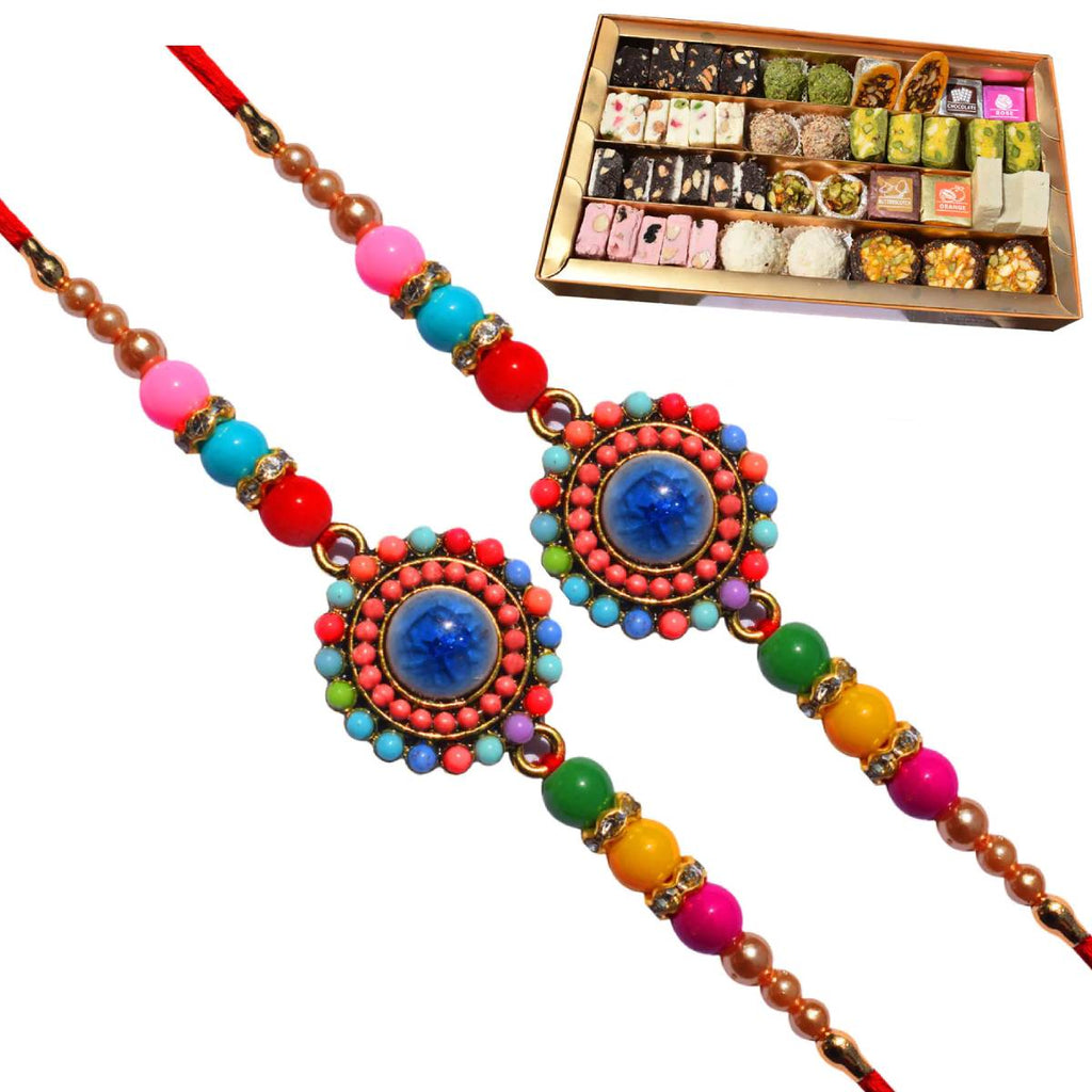 2 Rakhi - Stone Rakhi Set With Fresh Kaju Mix Mithai