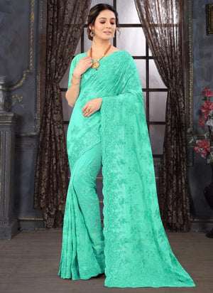 Turquoise Blue Georgette Wedding Wear Embroidery Work Saree