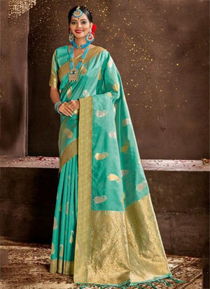 Turquoise Blue Silk Festival Wear Weaving Saree