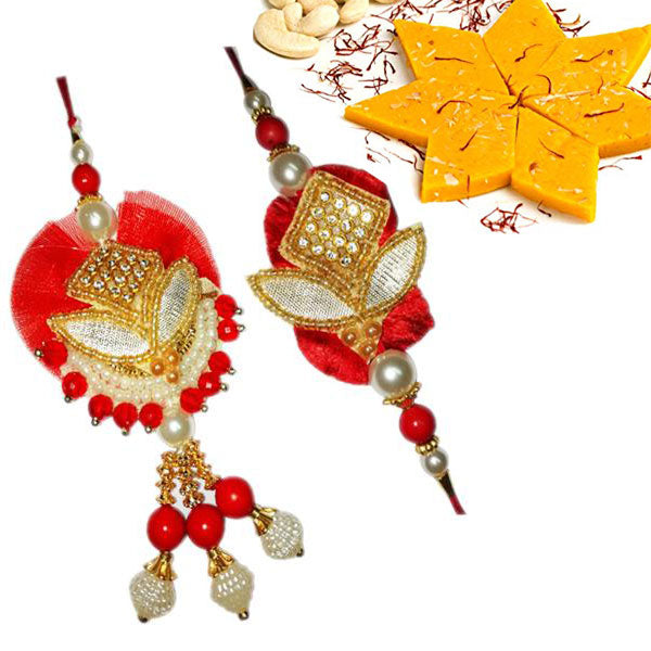 2 Rakhi - White Pearl and Golden Work Couple Rakhi With Kesar Kaju Katli