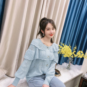 Factory Korean Version Fashion Single Button Ruffled Hollow Knit Sweater Girl Mohair Wool Blend Knitting Cardigan for Women
