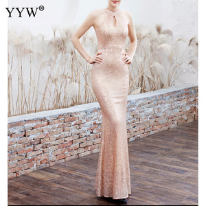 Women Sequined Party Long Dresses Halter Sleeveless Mermaid Evening Dress Ladies Solid Sexy Robes Elegant Formal Gowns
