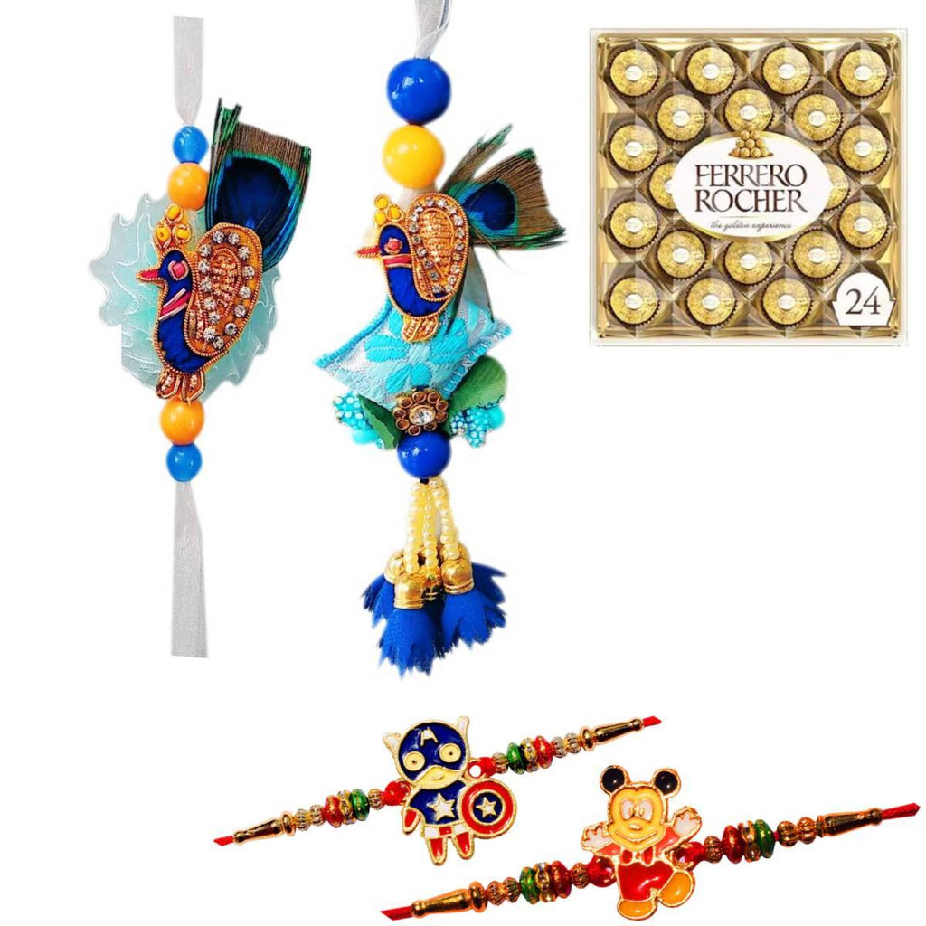 4 Rakhi - Blue Peacock Bhaiya Bhabhi Rakhi Kids Rakhi With Ferrero Rocher Chocolate