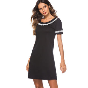 Elegant Brief Black Color Round Neck With Lace Vestidos Short Sleeve Work Women Straight Shift Summer Dress