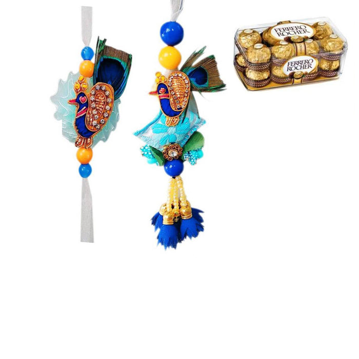 2 Rakhi - Blue Peacock Couple Rakhi Set With Indian Sweets Or Chocolates