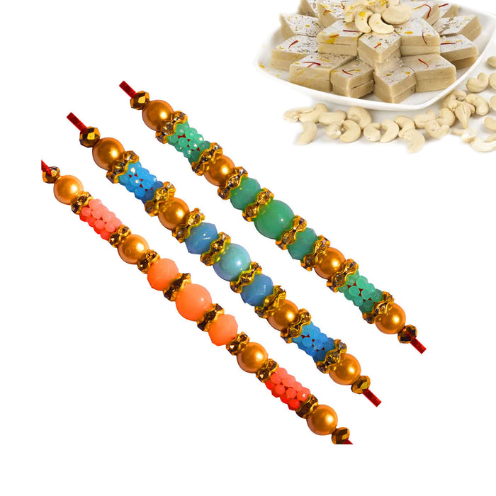 3 Rakhi - Colored Beads Rakhi With Indian Sweets Or Chocolates