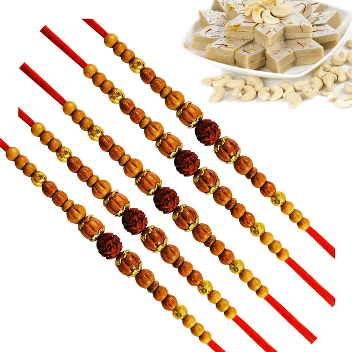 5 Rakhi - Rudraksh Rakhis With Indian Sweets Or Chocolates