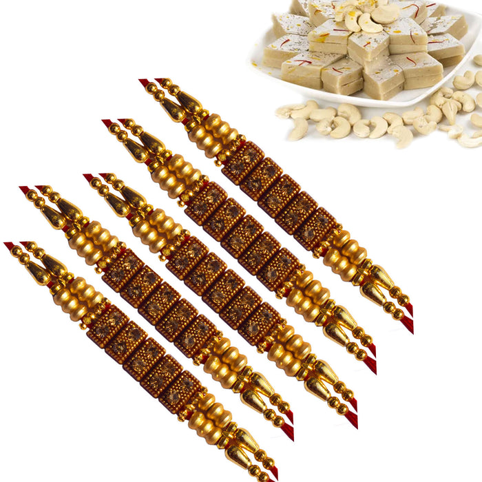 5 Rakhi - Beads and Studded Rakhi With Indian Sweet Or Chocolates