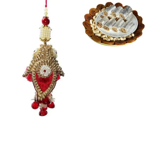 1 Rakhi - Red Stone Fancy Lumba Rakhi For Ladies With Indian Sweets