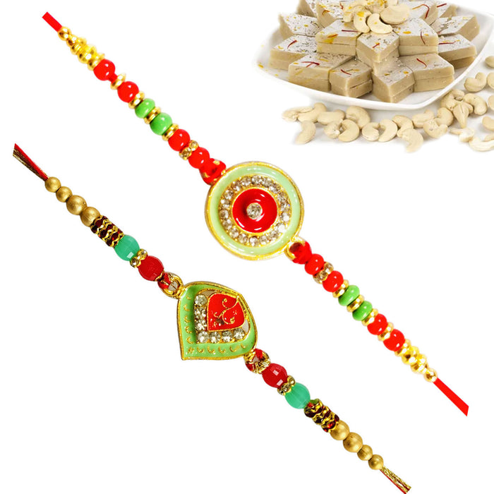 2 Rakhi - Beautiful Pendant Rakhi Set With Indian Sweets Or Chocolates