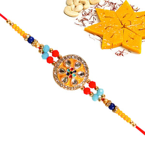 1 Rakhi - Colorful Round Pendant Rakhi With Kesar Kaju Katli