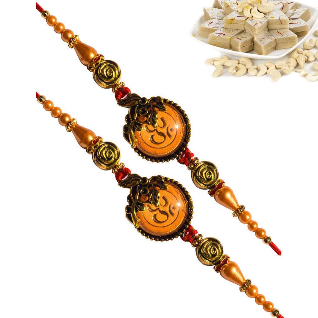 2 Rakhi - OM Pendants Rakhi Set With Indian Sweets Or Chocolates
