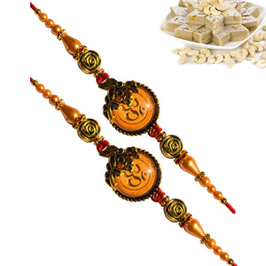 2 Rakhi - OM Pendants Rakhi Set With Indian Sweets Or Chocolates