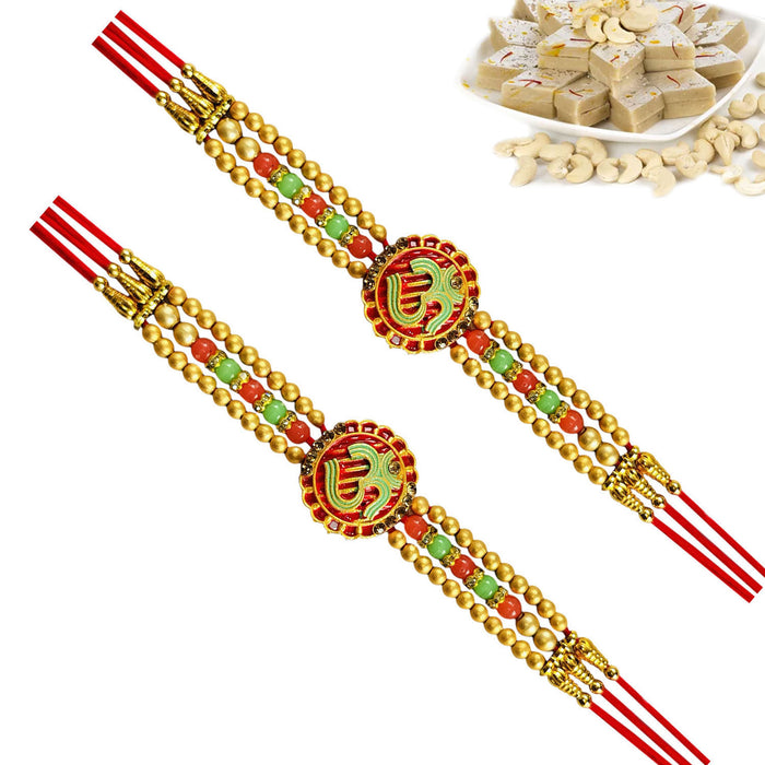 2 Rakhi - Om Rakhi Set With Indian Sweet Or Chocolates