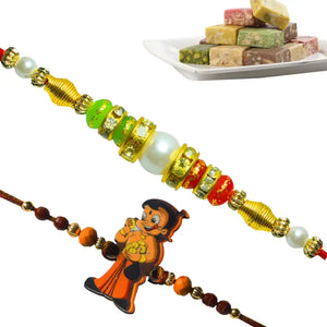 2 Rakhi - Chhota Bheem and Pearls Rakhi With Indian Sweets