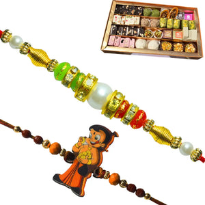 2 Rakhi - Chhota Bheem and Pearls Rakhi With Indian Sweets