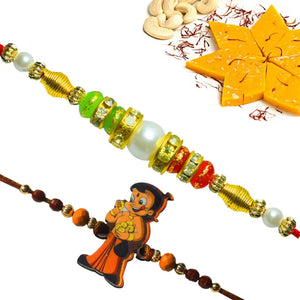 2 Rakhi - Chhota Bheem and Pearls Rakhi With Indian Sweets