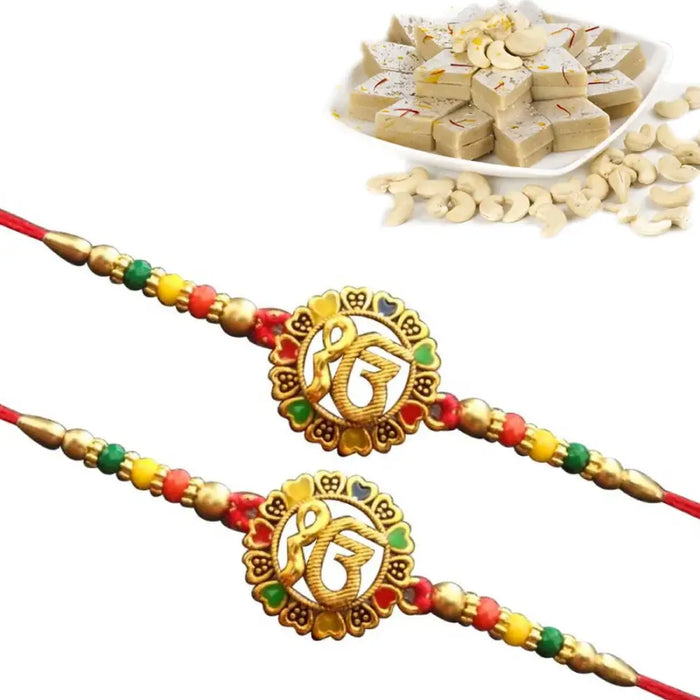 2 Rakhi - Colorful Ek Omkar Rakhi With Indian Sweets