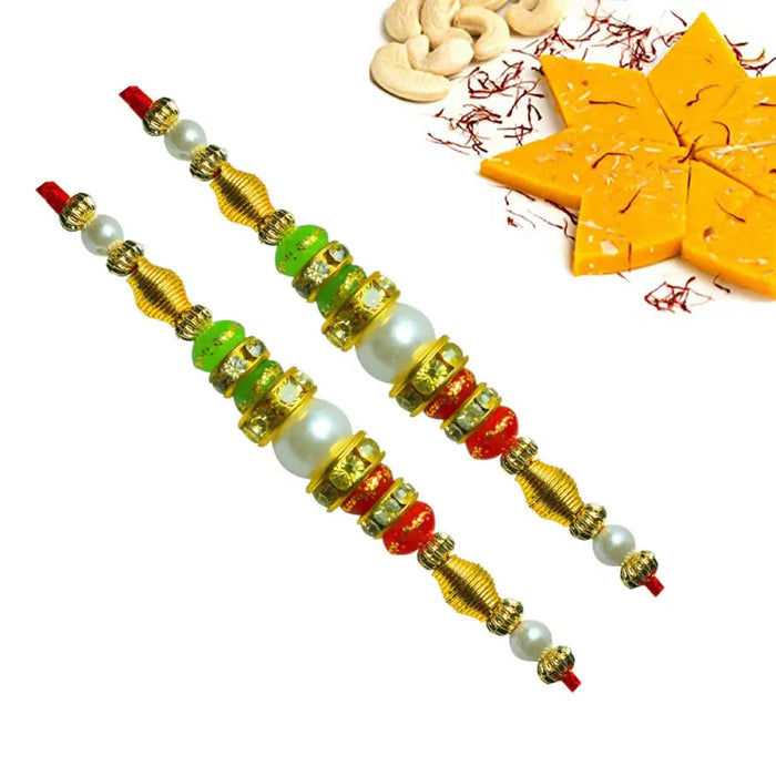 2 Rakhi - Pearl Rakhi With Indian Sweets