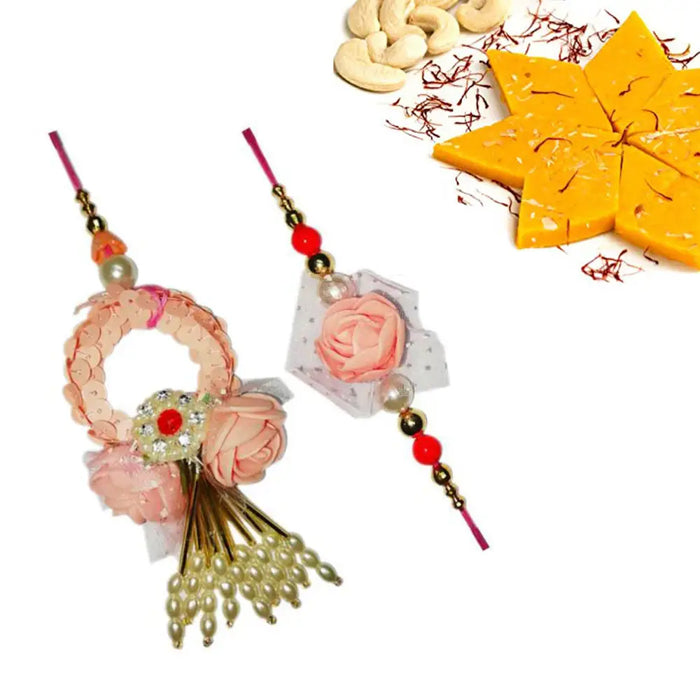 2 Rakhi - Pink Bhaiya Bhabhi Rakhis With Indian Sweets