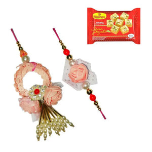 2 Rakhi - Pink Bhaiya Bhabhi Rakhis With Indian Sweets
