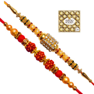 2 Rakhi - American Diamond and Rudraksh Rakhi with Chocolate Pack