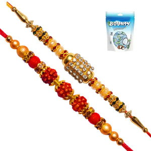 2 Rakhi - American Diamond and Rudraksh Rakhi with Chocolate Pack