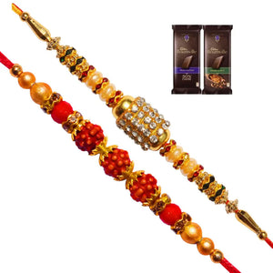 2 Rakhi - American Diamond and Rudraksh Rakhi with Chocolate Pack
