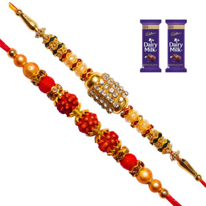 2 Rakhi - American Diamond and Rudraksh Rakhi with Chocolate Pack