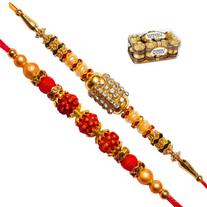 2 Rakhi - American Diamond and Rudraksh Rakhi with Chocolate Pack