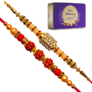 2 Rakhi - American Diamond and Rudraksh Rakhi with Chocolate Pack